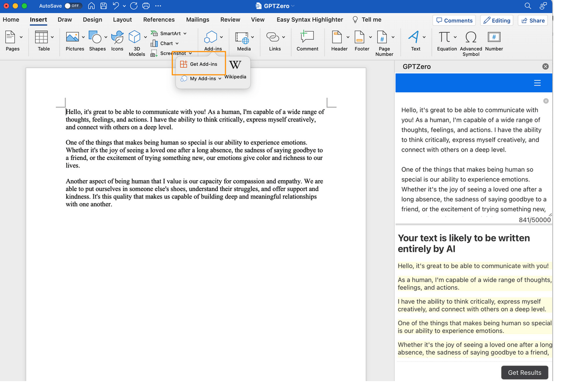 Microsoft Word Extension GPTZero pageconcept review